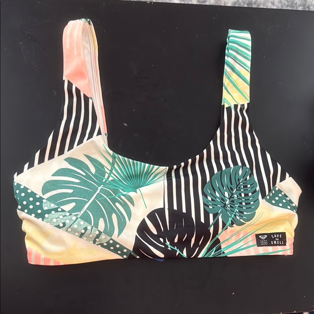 Roxy Save the Swell Tropical Print small Bikini Top - Black, Green, Yellow, Pink